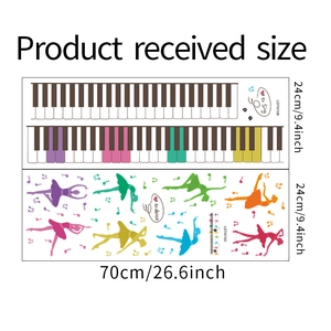 Detailed flat lay of cartoon piano keys and ballet dancer PVC wall sticker set layouts