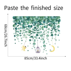 Detail showing tropical green leaf wall decal dimensions measuring 85cm by 68cm