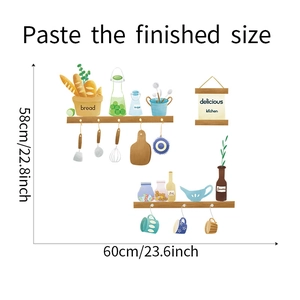 Kitchen wall decal showing dimensions of 58cm by 60cm with rustic cooking utensils