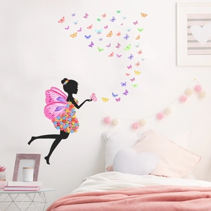 Fairy Butterfly Wall Sticker PVC Removable Floral Fairy Girl Room Bedroom Decor Colorful Butterflies DIY Mural Decal