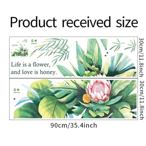 Macro layout of tropical Monstera leaf wall decals showing 30x90cm sheet dimensions