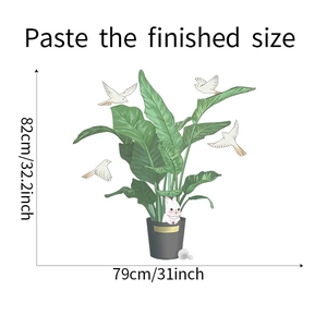 Detailed wall sticker layout dimensions showing plant and rabbit decals in 82x79cm size