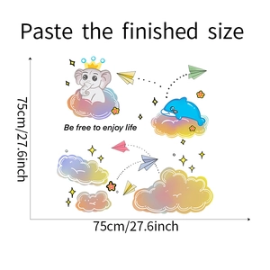 Detail showing cartoon elephant and stars wall stickers with dimensions and text