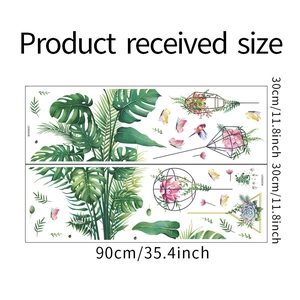 Tropical monstera leaves and lotus wall stickers layout showing product received size