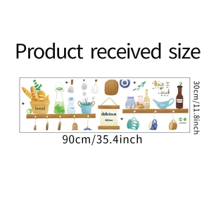 Detail showing 90x30cm kitchen wall decals with hand-drawn food and utensil illustrations