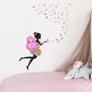 Cartoon fairy and butterfly wall stickers for girl bedroom decor in Nordic style nursery
