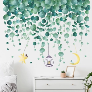Tropical Green Plant Leaf Wall Stickers PVC Self Adhesive Vines Stars Moon Birdcage Pattern Home Decor For Living Room Bedroom
