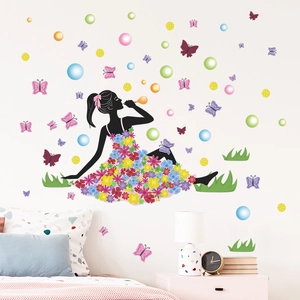Cartoon Mädchen Silhouette Seifenblasen Wandaufkleber Blumenkleid Schmetterlinge Gras PVC DIY Dekoratives Wandtattoo Für Kinderzimmer