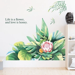 Tropical green leaves and flower wall stickers for minimalist living room decor