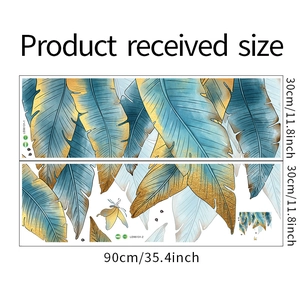 Detailed dimensions of tropical banana leaf wall decals in teal and gold PVC material