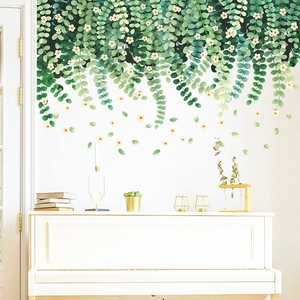Fresh green hanging vines and flowers wall stickers for minimalist living room decor