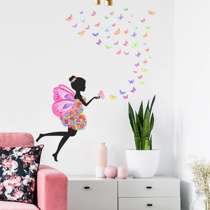 Cartoon butterfly fairy wall decal for girls bedroom with colorful butterfly silhouettes