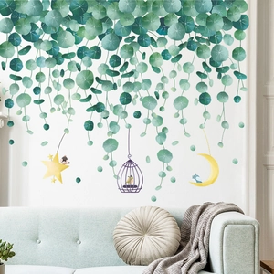 Tropical hanging green plants wall sticker with birds and stars for living room decor