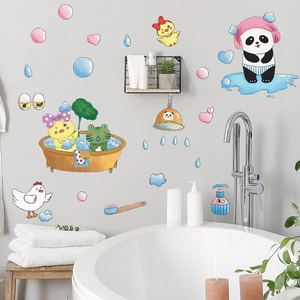 Cartoon Panda Yellow Duck Frog Bathing Bathroom Wall Sticker PVC Waterproof Self Adhesive Wall Decal For Kids Room Decor