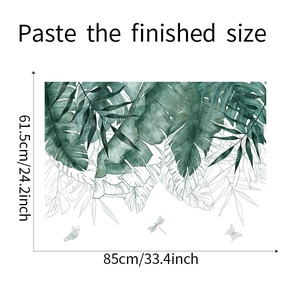 Detail view showing tropical green leaf wall sticker dimensions 85cm by 61.5cm for home decor