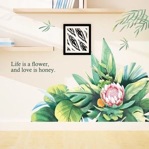 Tropical green leaves and King Protea wall decals with motivational quote for home decor
