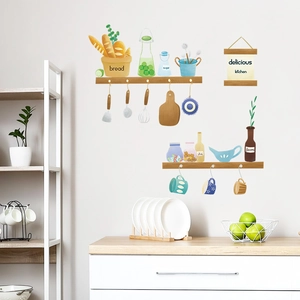 Watercolor kitchen wall decals set with bread, sugar jars and floral decoration stickers