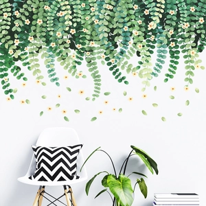Fresh green hanging vines and yellow flower wall stickers for living room home decor