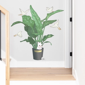 Self-adhesive wall sticker with green plants, white rabbit and flying birds for home decor