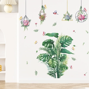 Tropical green leaf wall stickers with monstera palm leaves and hanging plants