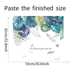 Detail view of tropical leaf wall sticker showing Monstera palm patterns and sizes