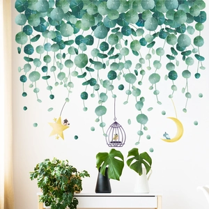 Tropical green leaves wall stickers with moon and birdcage decor for living room