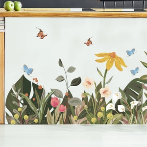 Self-adhesive wall sticker with tropical sunflowers and butterflies on kitchen cabinet