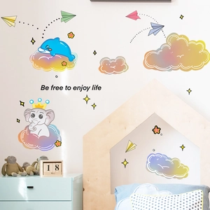 Cartoon dream elephant and whale wall stickers for kids bedroom with clouds and stars