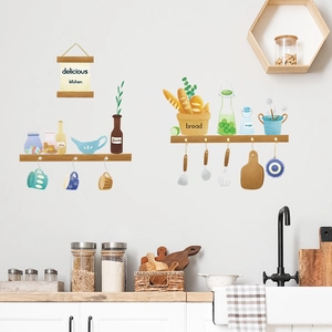 Self-adhesive kitchen wall stickers with hand-drawn cookware and food illustration