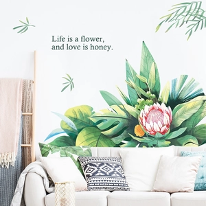 Tropical green leaves and king protea wall decal with Life is a Flower artistic quote