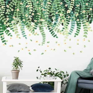 Fresh green leaf vine wall stickers with white flowers for living room wall decoration