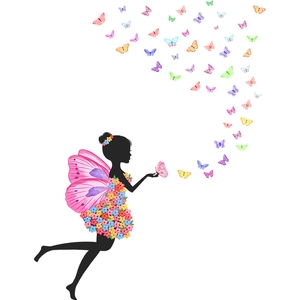 Cartoon flower fairy wall sticker with colorful butterfly wings for bedroom decor