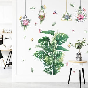 Self-adhesive tropical green leaf wall decals with Nordic monstera and palm patterns