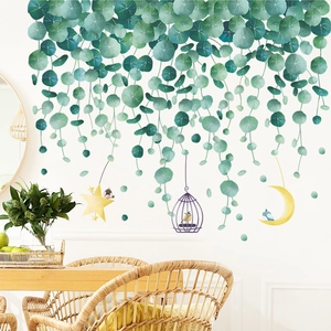 Tropical green leaves wall decals with birds and cage for living room decoration