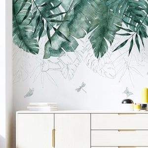 Tropical Green Plants Wall Stickers PVC Watercolor Monstera Palm Leaves Home Decor Living Room Bedroom Background Wall Art