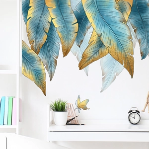 Tropical blue and gold leaf wall decals with butterfly for modern living room decor