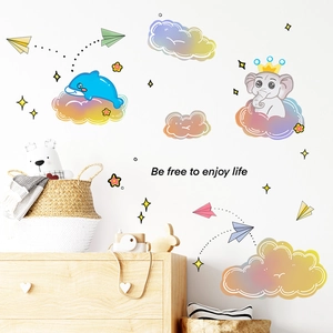 Detailed wall sticker set featuring cartoon elephants, whales, and clouds in macaron tones