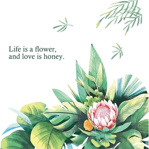 Tropical green plant and pink protea wall sticker with quote Life is a flower