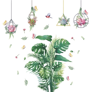 Tropical green leaves and monstera wall stickers with bird and floral design for home decor