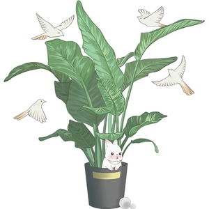 Artistic wall sticker featuring green potted plant, cute rabbit and flying birds in watercolor style