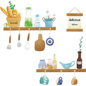 Kitchen wall stickers with hand-drawn cups, utensils, and sugar jars on white background