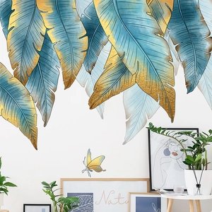 Tropical blue and gold palm leaf wall sticker with butterfly for modern home decor