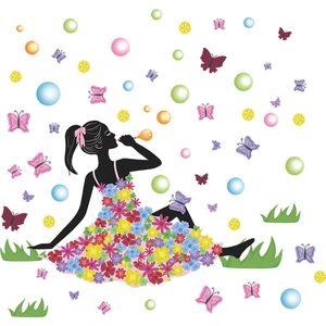 Wandtattoo Karikatur Mädchen mit Blumenkleid, bunten Schmetterlingen und Seifenblasen