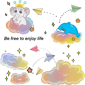 Cartoon dream elephant and whale wall stickers for kids bedroom decor with clouds and stars