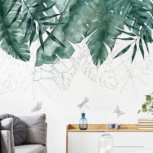 Tropical green plants wall sticker with monstera leaves for modern living room decor