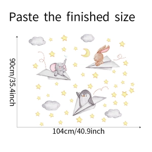 Detailed wall sticker layout with dimensions showing animals flying on paper planes