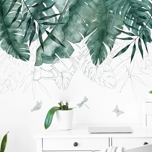Tropical monstera leaf wall decal with butterflies for living room home decoration