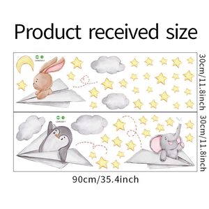 Detailed sheet layout of rabbit and elephant wall decals with product received size dimensions