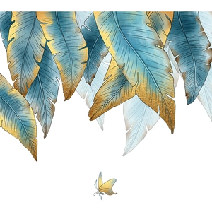 Artistic tropical leaf wall stickers in blue-green and gold foil with butterfly detail