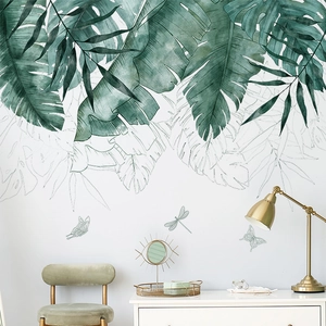 Macro detail of tropical green leaf wall stickers with monstera and watercolor leaves